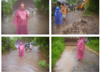 अविरल वर्षापछि बेलडाँडीको कालिका टोल डुबानको जोखिममा, जेसीबी लगाएर पानीको निकास
