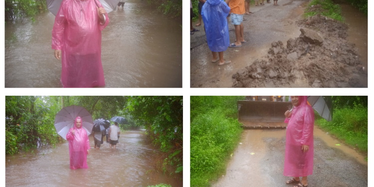 अविरल वर्षापछि बेलडाँडीको कालिका टोल डुबानको जोखिममा, जेसीबी लगाएर पानीको निकास
